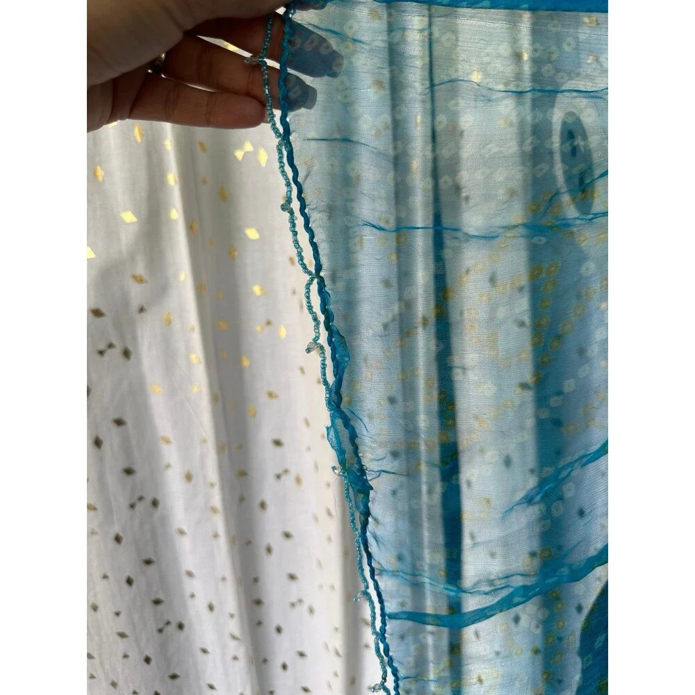 Unbranded Silky Sheer Bright Watercolor Ombre Beaded Trim Blue Pink Scarf Shawl